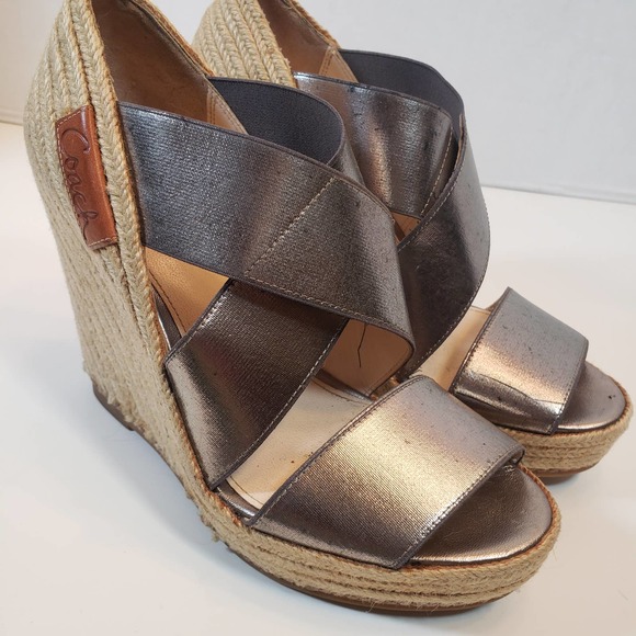 Vintage Coach Silver Pewter Rope Espadrille Platform Wedge Heel Sz 6 Logo - Picture 3 of 10